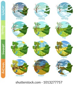 Twelve months of the year set, four seasons nature landscape winter, spring, summer, autumn vector illustrations