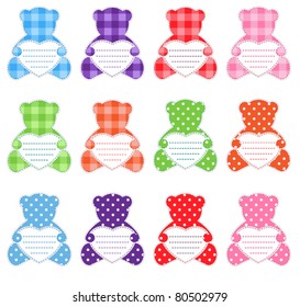 Twelve multicolor teddy bears with hearts. Nice elements for scrapbook, greeting cards, Valentine's cards etc.