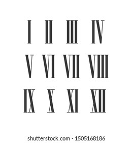 Twelve narrow roman numeral vector set for roman clock. Isolated illustration on white background