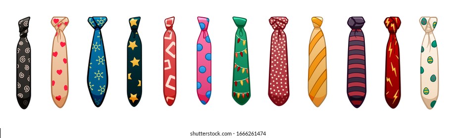 Twelve neckties of different colors and patterns set isolated illustration. White background, vector.