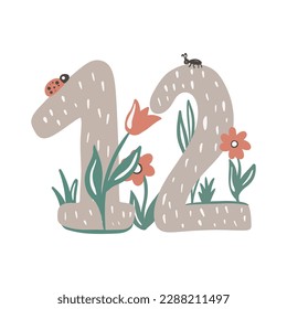 Doce. Número 12. Resumen alfabeto de matemáticas. Ilustración del vector gráfico infantil escolar. Diseño de fuentes matemáticas con flores.