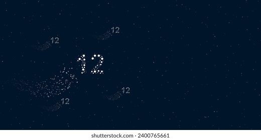 A twelve number filled with dots flies through the stars leaving a trail behind. Four small symbols around. Empty space for text on the right. Vector illustration on dark blue background with stars