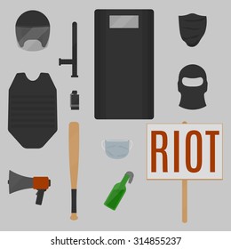 Twelve objects characteristic protest. Police equipment, masks, plate, weapon.