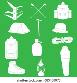 Twelve objects necessary for hiking and mountain climbing