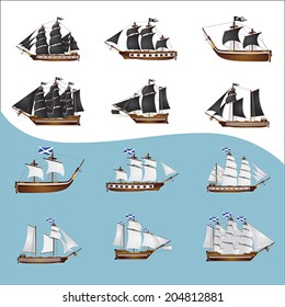 Twelve old pirate ships. Six with black sails and six with white sails 