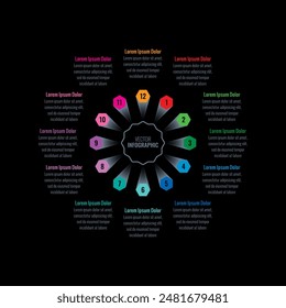 twelve options information template. colorful hexagons infographic template. Infographic template for technology, industry, education, business and science. book, annual report, magazine information t