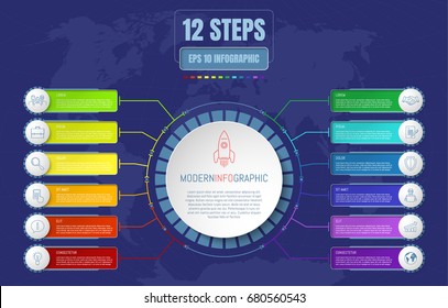 Twelve options or steps infographic on detailed world map abstract background. Business thin line icons. Template for your design works. Vector illustration.