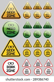 Twelve orange and green signs with text geek zone, dork zone and nerd zone. 