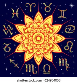 Twelve ornate floral Zodiac signs around the yellow Sun on a background dark blue starry sky, vector illustration