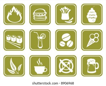 Twelve ornate food symbols on a green background.