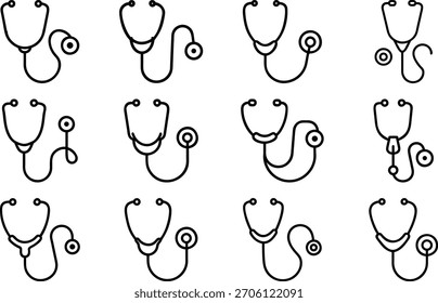 Twelve outline icons of stethoscopes shown in various positions and styles for medical use. Scala...