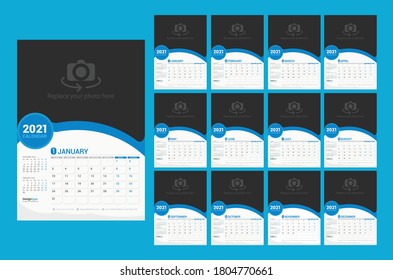 Twelve pages upcoming new year wall calendar design. 12 months 2021 vector item. Blue color new year print template  