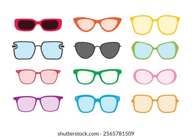 Twelve pairs of glasses and sunglasses in various colors and styles.