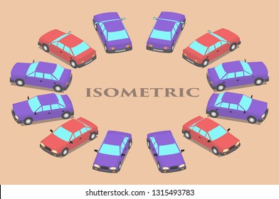 Twelve parked cars of different colors. Cars in isometrics in different angles.