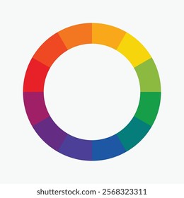 Twelve part RGB color wheel featuring red, blue, yellow, green, orange, and purple, presented as a vector design on a white background.