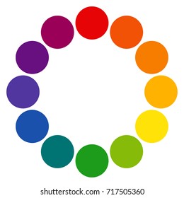 Twelve part RYB (red, yellow, blue; this color system is used by artists) color wheel composed of circles. Complementary colors are opposite each other. Vector graphic, isolated background.
