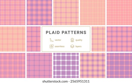 Twelve pastel plaid patterns in pink and purple hues.  Perfect for fabric design, scrapbooking, or website backgrounds. Seamless vector graphics, layered for easy editing.