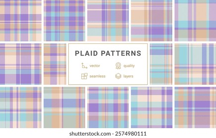 Twelve pastel plaid patterns in soft purple, beige, and aqua.  Seamless vector designs ideal for fabric, textile, wallpaper, and web design projects. Highquality layered files for easy customization.