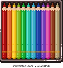 Twelve pencils with colored inside and so colorful for drawing, painting in a box vector pixel art for game, element, icon, sticker