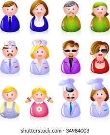 Twelve people icons: clerks, laborers, doctors, glamorous couple, children, and cooks!