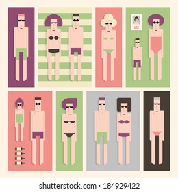 Twelve people sunbathing on the beach, vector cartoon illustration