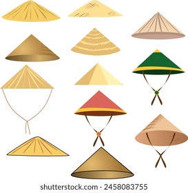 Twelve Pieces Set Chinese Straw Triangle Hat Dowley Pinyin Limao. Vector illustration different shapes and color of Chinese folk limao hat made of straw