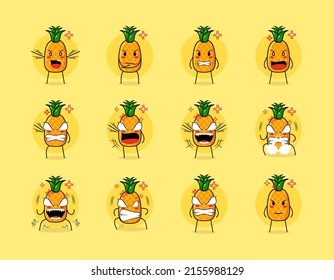 twelve pineapple cartoon character with angry expression. suitable for emoticon, logo, symbol and mascot