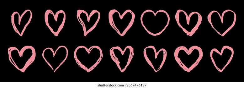 Twelve pink hand-drawn hearts on a black background. Each heart is unique, with different styles and strokes. Pink hearts add a playful, artistic touch. Valentine's element vector set.