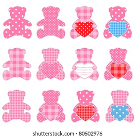 Twelve pink teddy bears with hearts. Nice elements for scrapbook, greeting cards, Valentine's cards etc.