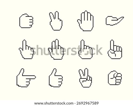 Twelve pixelated hand gestures illustrating different hand signals and actions on a light background