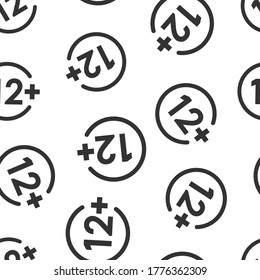 Twelve plus icon in flat style. 12+ vector illustration on white isolated background. Censored seamless pattern business concept.