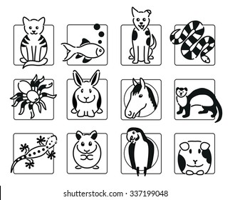 Twelve popular pet animal icons in black outline