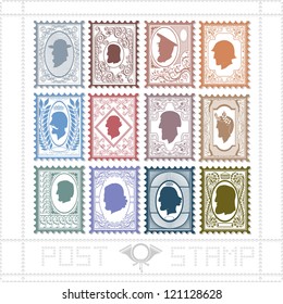 twelve post stamp with pattern and face of man