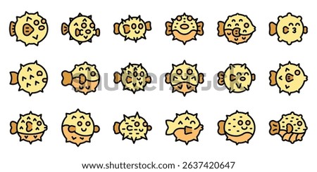 Twelve pufferfish icons displaying different emotions and body postures, creating a playful and diverse collection