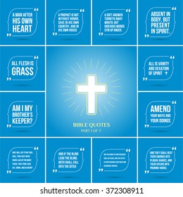 Twelve quotations from the Bible and Christian cross with a halo. Vector illustration on blue background