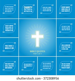 Twelve quotations from the Bible and Christian cross with a halo. Vector illustration on blue background