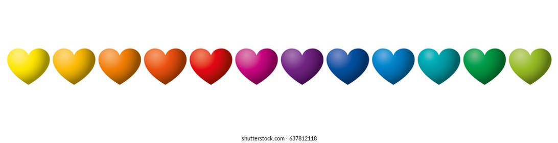 Twelve rainbow colored hearts in a row. Heart symbols in twelve unique color hues. Isolated illustration on white background. Vector.