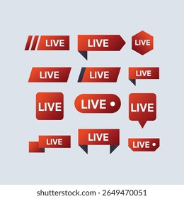 Twelve red "LIVE" banners, varying shapes and gradients, arranged on a light gray background, creating a clean, modern, and informative graphic design.