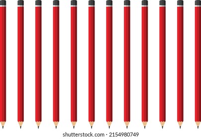 twelve red pencils on white background