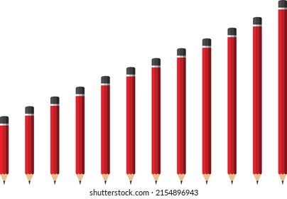 twelve red pencils small to big on white background