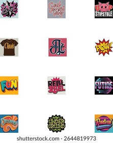 Twelve retro-style word art designs for apparel and branding.