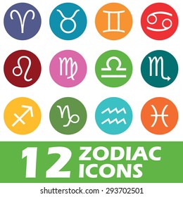 Twelve round colored icons with zodiac symbols