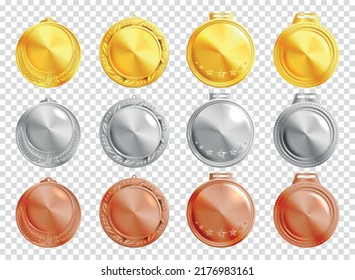 Twelve round golden silver and bronze realistic medallions mockup on transparent background isolated vector illustration