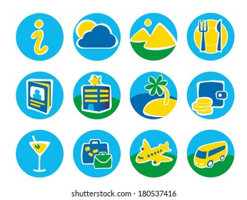 Twelve round icons for a travel theme