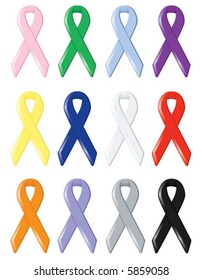 Twelve satin awareness ribbons, supporting various social causes and finding cures for cancers and diseases