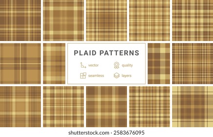 Twelve seamless brown and beige plaid patterns.  Highquality vector graphics, perfect for textile design, website backgrounds, or fallthemed projects.