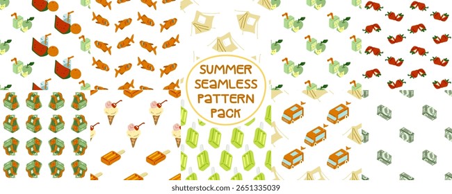 Doze padrões de desenhos animados sem costura com elementos de verão. Estilo plano em fundo branco.