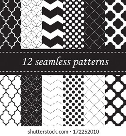  Twelve seamless geometric patterns with quatrefoil, chevron and polka dot designs, in black and white