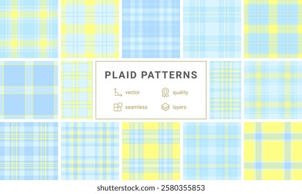 Twelve seamless pastel blue and yellow plaid patterns.  Perfect for textile design, scrapbooking, baby products, or website backgrounds. Highquality vector graphics, easily layered.