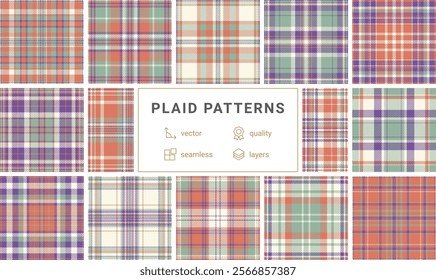 Twelve seamless plaid patterns in muted coral, sage green, and purple hues.  Perfect for textile design, wallpaper, or website backgrounds.  High-resolution vector file, layered for easy editing.